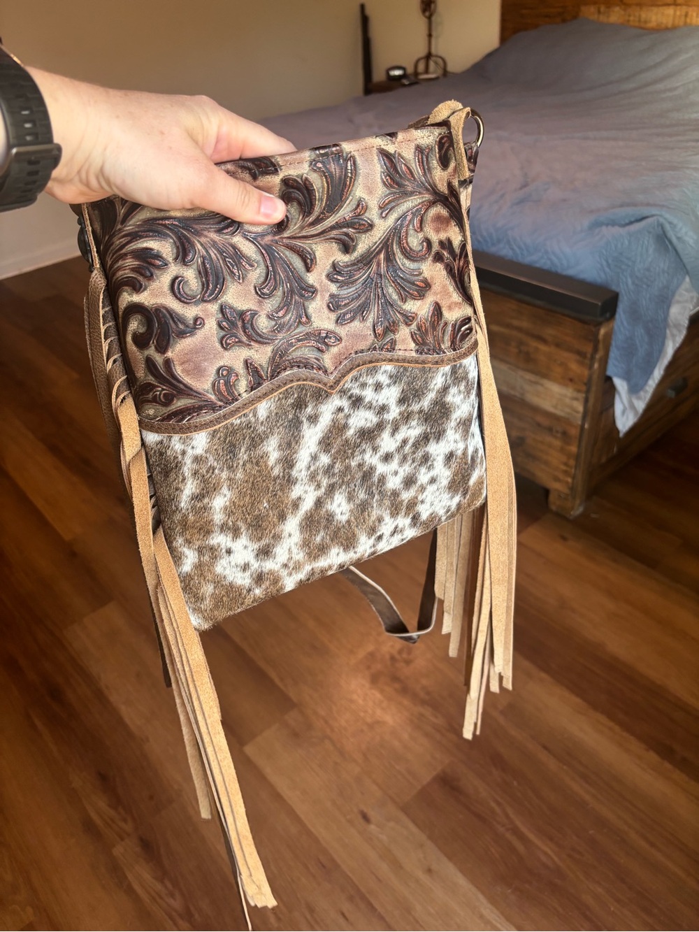 Hand Made Fringe Crossbody Bag in Brown & Tan with Hair-On Hide